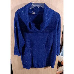 Chicos Sz 1/M Ladies‎ Cowl Neck Sweater Blue Sequined 3/4 Sleeves Knit